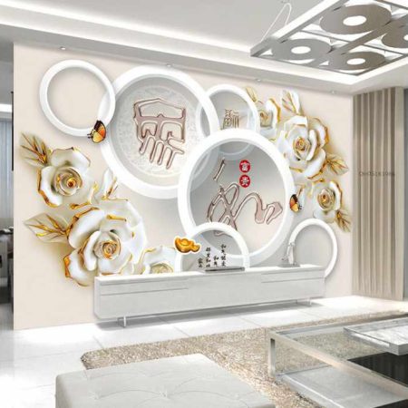 کاغذ دیواری سه بعدی گل طلایی با زمینه گرد