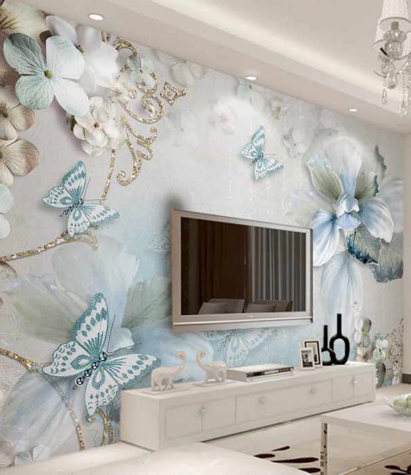 پوستر دیواری پروانه ها و گل های ابرنگی