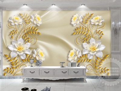 کاغذ دیواری سه بعدی شاخه گل های سفید