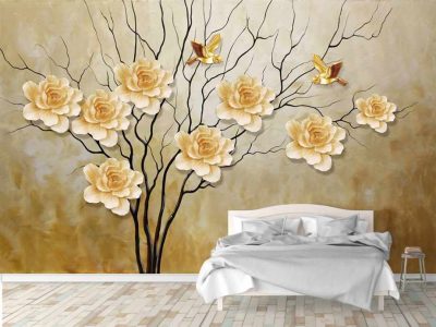 کاغذ دیواری سه بعدی شاخه درخت و گل های برجسته