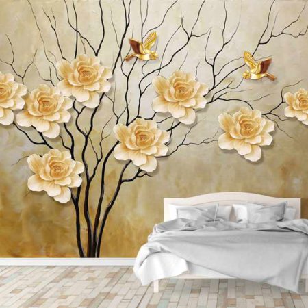 کاغذ دیواری سه بعدی شاخه درخت و گل های برجسته