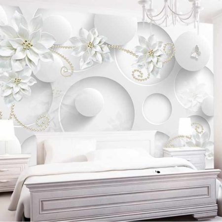 کاغذ دیواری سه بعدی گل و پروانه سفید