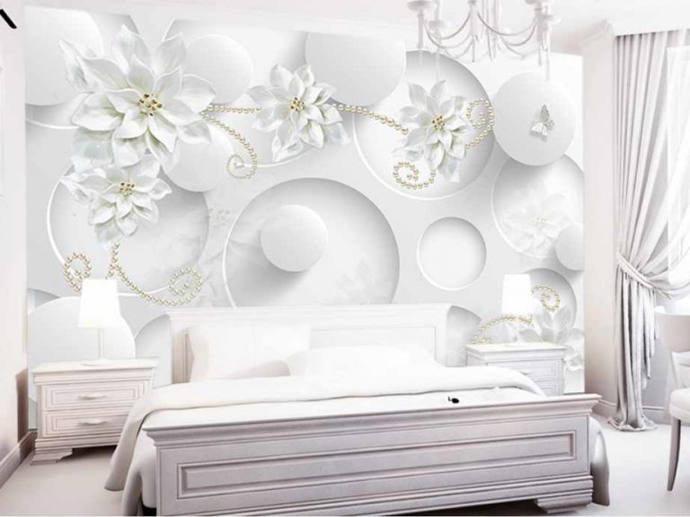 کاغذ دیواری سه بعدی گل و پروانه سفید