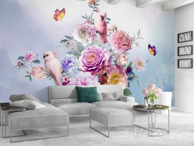 پوستر دیواری گل های رز و پروانه های زیبا
