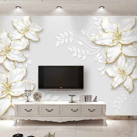 پوستر دیواری گل های سفید دور طلایی
