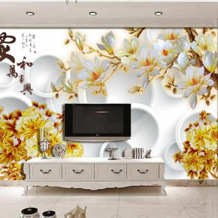 پوستر دیواری گل های طلایی با زمینه دایره ای