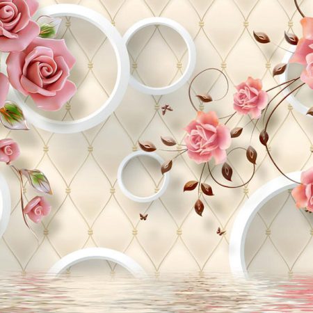 کاغذ دیواری سه بعدی شاخه گل های رز صورتی