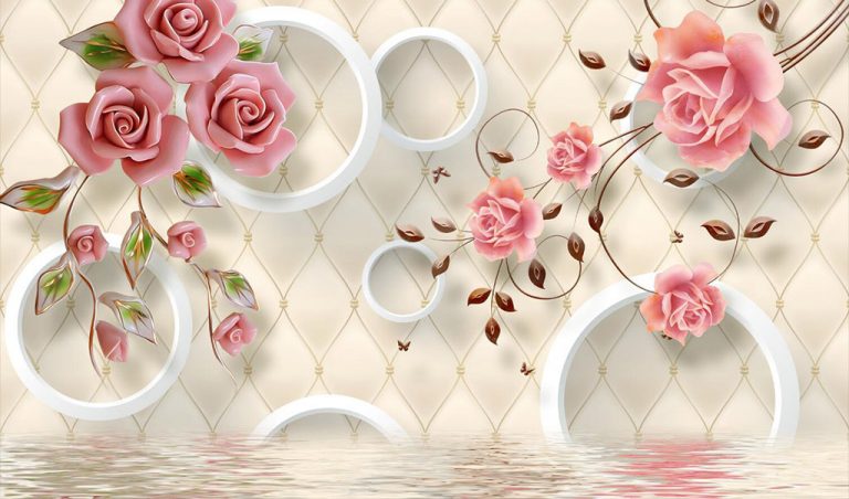 کاغذ دیواری سه بعدی شاخه گل های رز صورتی