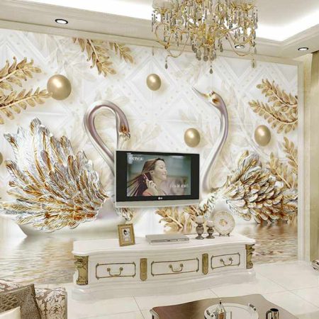 کاغذ دیواری سه بعدی شاخه و قو های طلایی