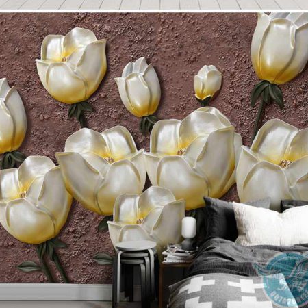 کاغذ دیواری سه بعدی گل های برجسته سفید