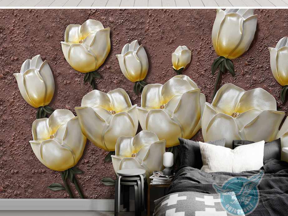کاغذ دیواری سه بعدی گل های برجسته سفید