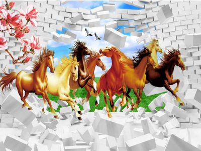 کاغذ دیواری سه بعدی طرح کودکانه دیوار و اسب