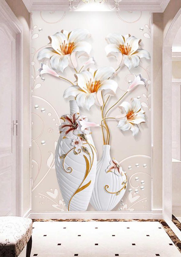 پوستردیواری گل های سفید گلدان