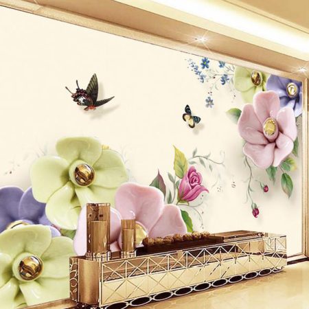 کاغذ دیواری سه بعدی گل های رنگی و پروانه