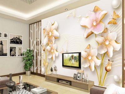 پوستر دیواری گل های سفید طلایی