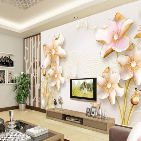 پوستر دیواری گل های سفید طلایی