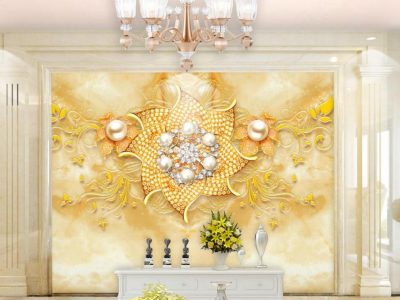 کاغذ دیواری سه بعدی تگ گل طلایی با زمینه مرمر