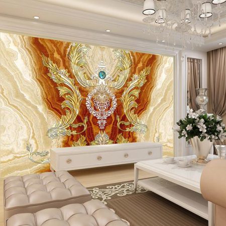 کاغذ دیواری سه بعدی تاج طلایی با زمینه مرمر