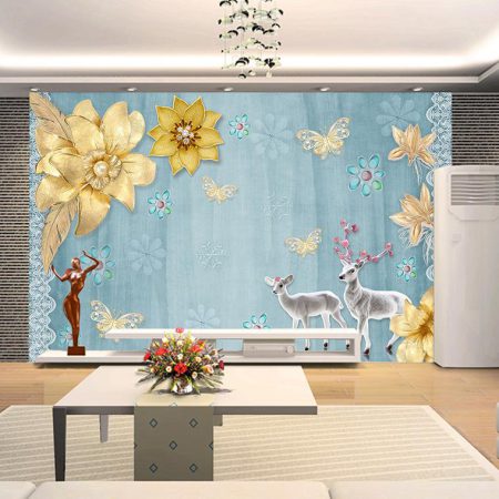 پوستر دیواری گوزن ها و گل های طلایی