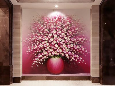 کاغذ دیواری سه بعدی نقاشی گل های ریز داخل گلدان