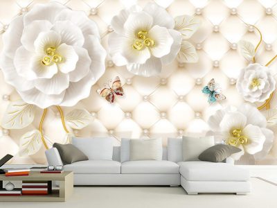 پوستر دیواری گل های سفید با زمینه لوزی