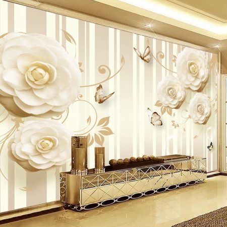 کاغذ دیواری سه بعدی پروانه و گل های برجسته