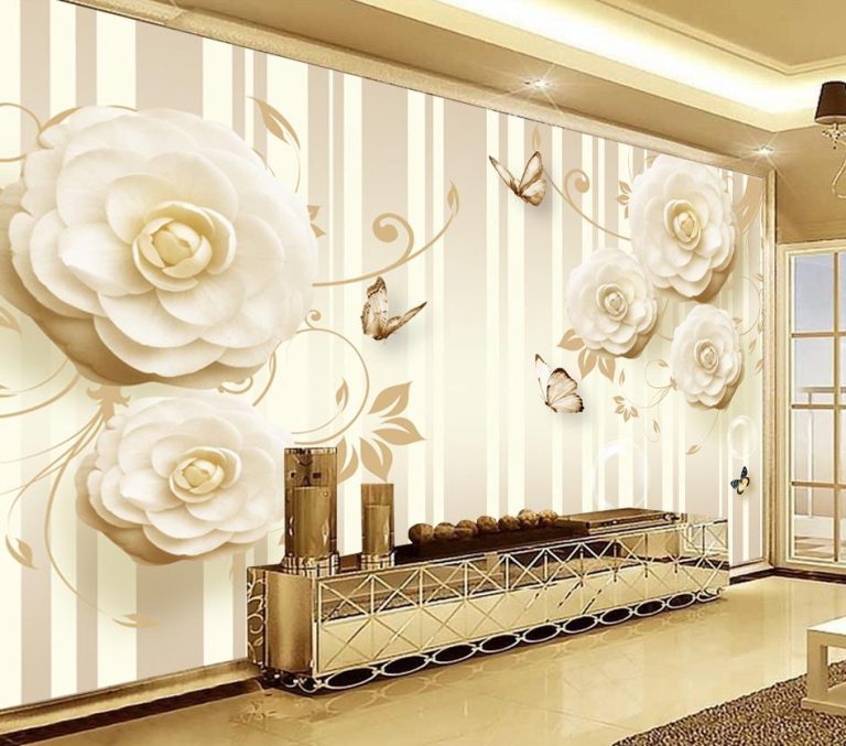 کاغذ دیواری سه بعدی پروانه و گل های برجسته