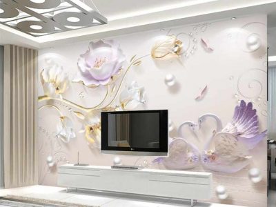 پوستر دیواری قوهای عاشق و گل های یاسی طلایی