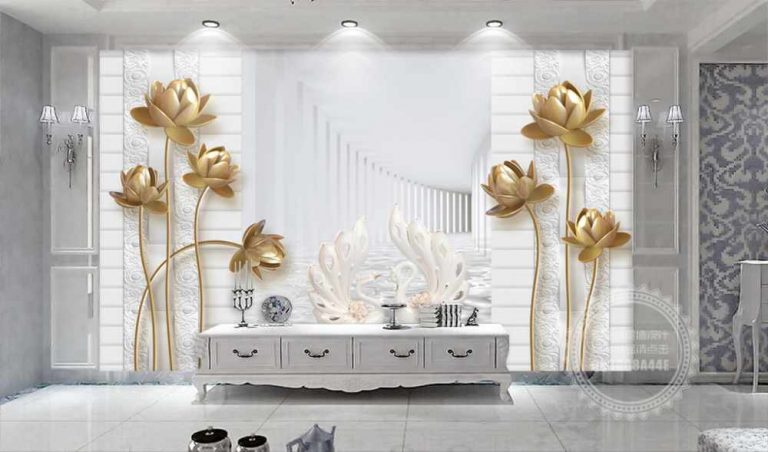 پوستر دیواری تونل سه بعدی گل های طلایی