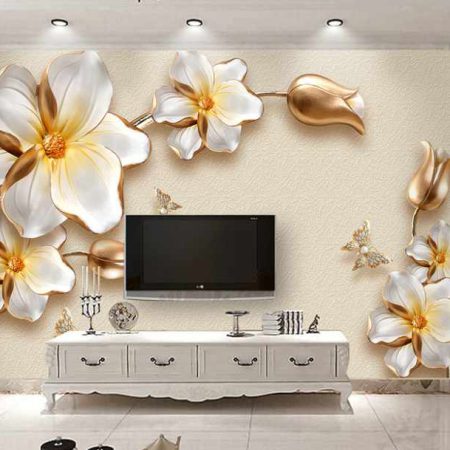 پوستر دیواری گل های سه بعدی سفید طلایی