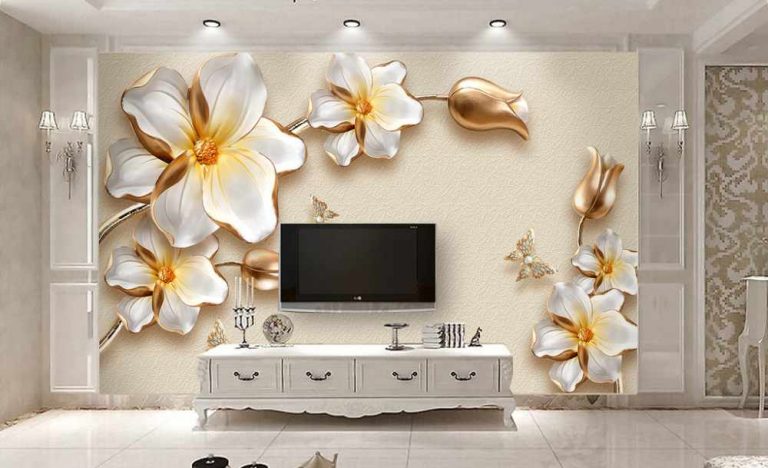 پوستر دیواری گل های سه بعدی سفید طلایی
