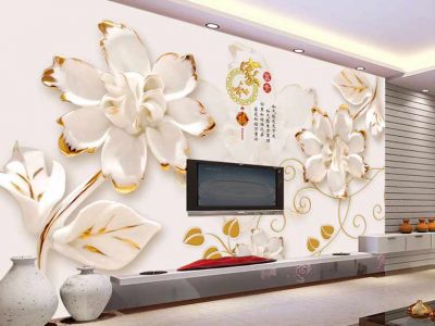 پوستر دیواری گل های سفید لب طلایی