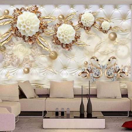پوستر دیواری گل های سه بعدی طلایی با قوهای عاشق
