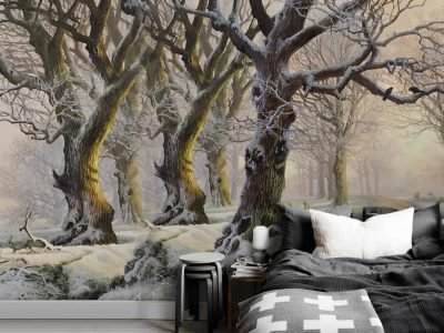 پوستر دیواری طبیعت برفی و درختان