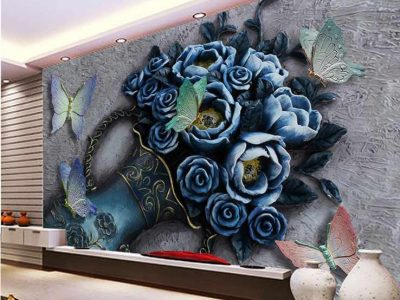 کاغذ دیواری سه بعدی گلدان و گل های ابی