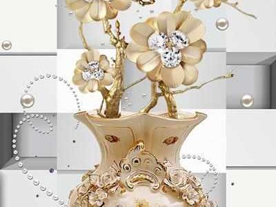 گلدان چینی زیبا با گل های طلایی