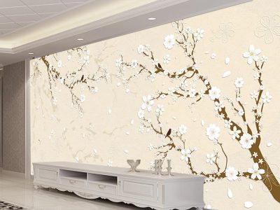 پوستر دیواری شاخه درخت با شکوفه های سفید