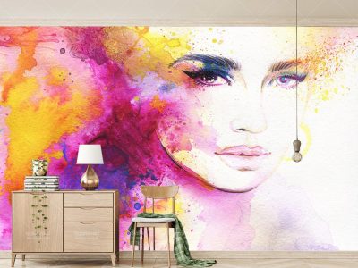پوستر دیواری چهره زیبا زن با زمینه شاد