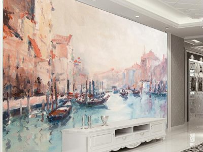 پوستر دیواری نقاشی رنگ روغن از رودخانه و قایق ها