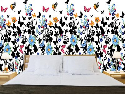 پوستر دیواری پروانه های زیبا با گل های ابی