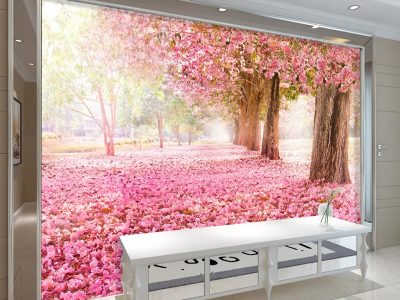 پوستر دیواری جاده ای از شکوفه های صورتی