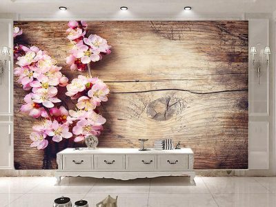 پوستر دیواری گل های صورتی با زمینه چوبی