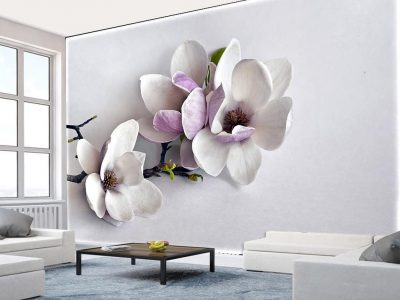 کاغذ دیواری سه بعدی تک گل بزرگ و سفید