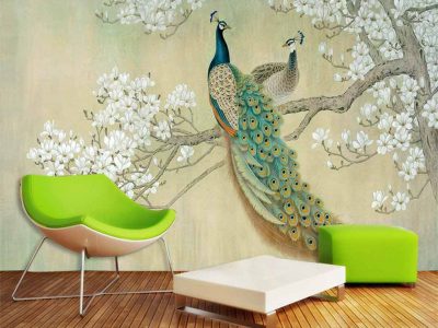 پوستر دیواری شاخه درخت و خودنمایی طاووس
