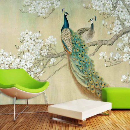 پوستر دیواری شاخه درخت و خودنمایی طاووس