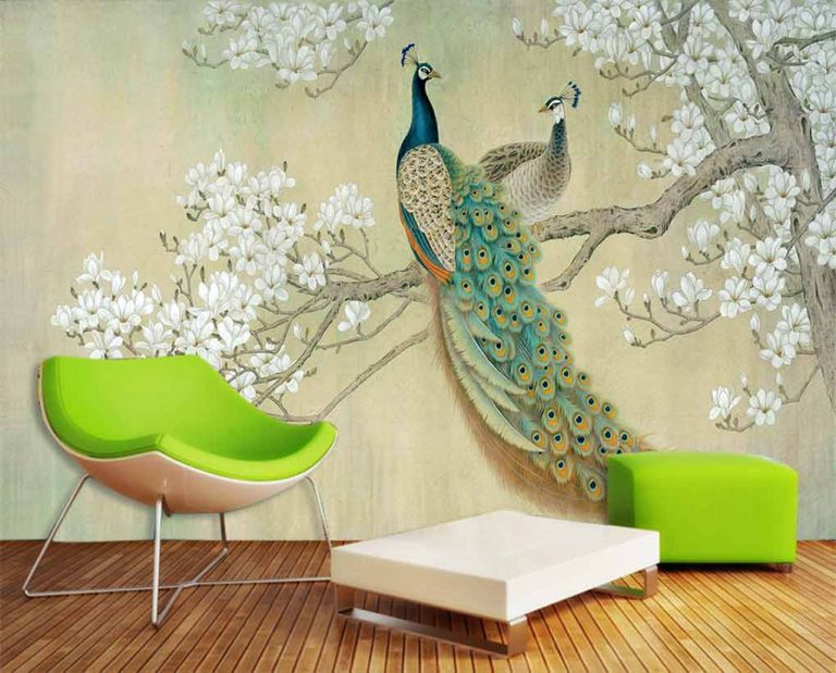 پوستر دیواری شاخه درخت و خودنمایی طاووس