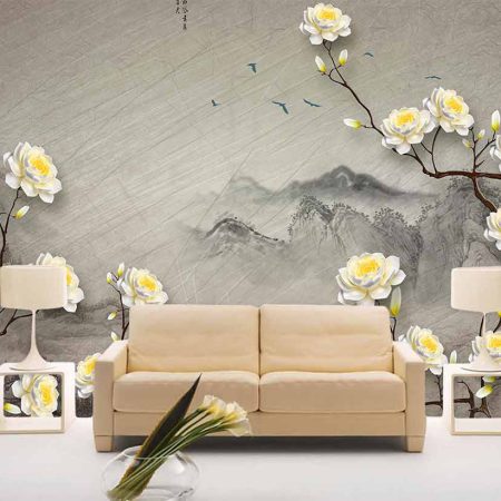 پوستر دیواری طرح شاخه درخت با شکوفه های سفید