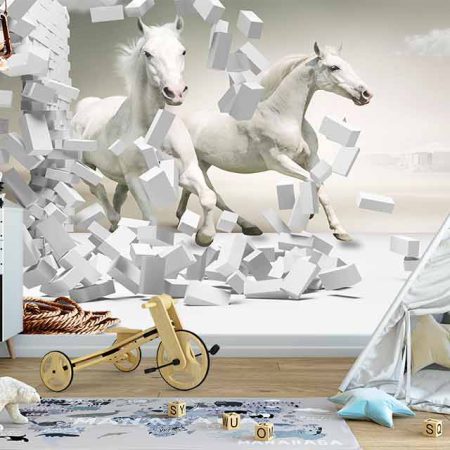 پوستر دیواری طرح سه بعدی اسب های سفید