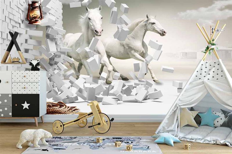پوستر دیواری طرح سه بعدی اسب های سفید