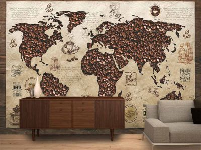 پوستردیواری نقشه جهان با دونه های قهوه
